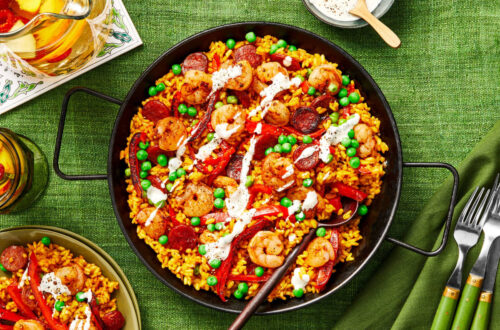 Traditional Paella with Shrimp, Chorizo, and Spicy Gordal Olives